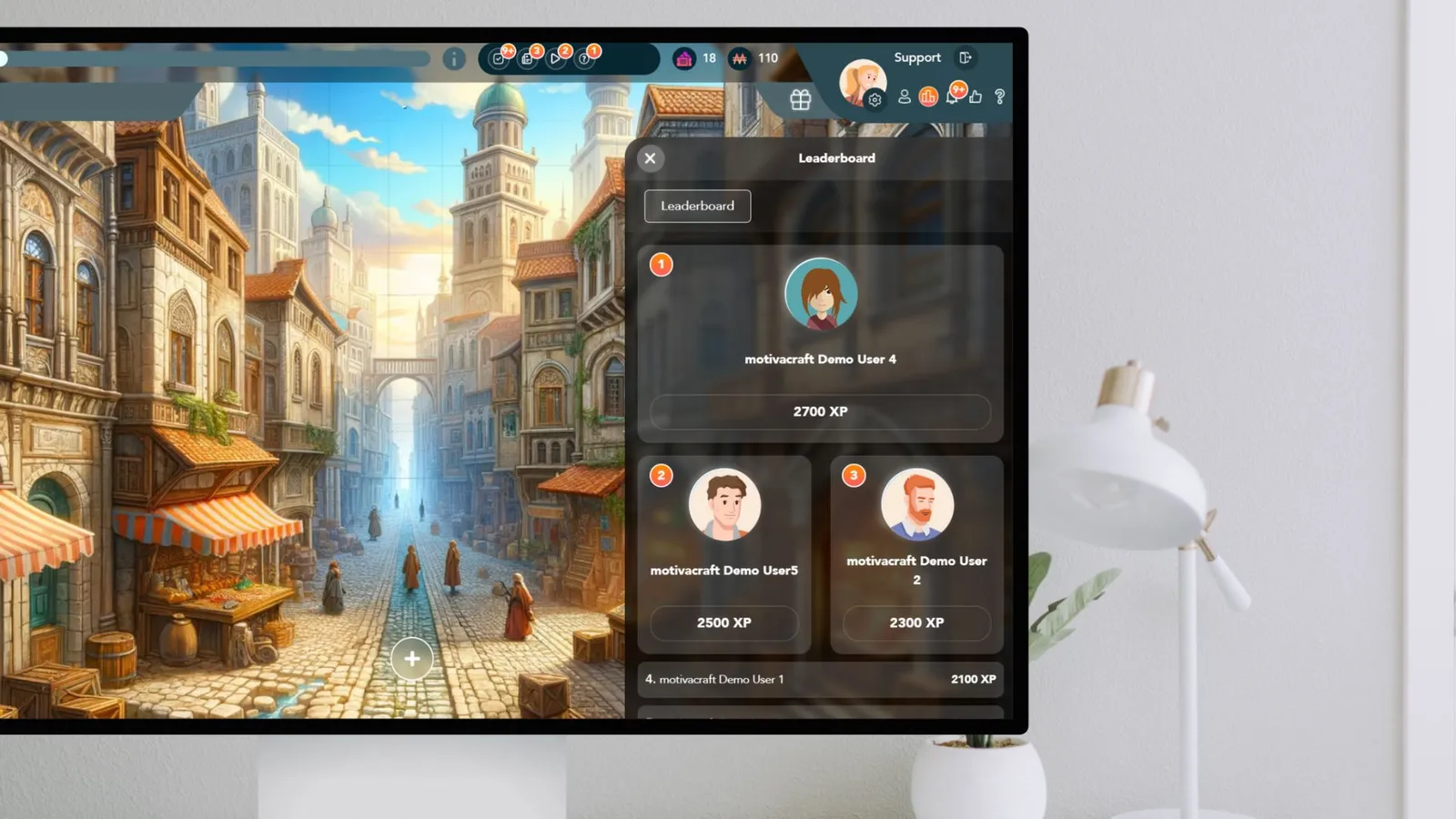 Motivacraft on a desktop screen: a micro-leaderboard ranking players by XP over the game world