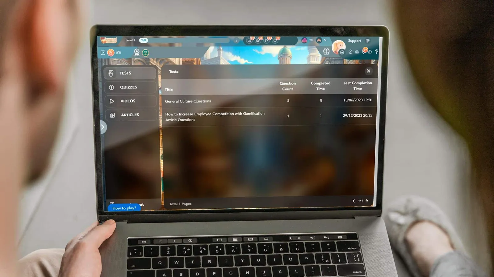 Motivacraft on a laptop: the list of tests and missions with question counts and completion times
